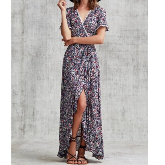 Poupette St. Barth Joe Ruffled Floral Maxi Wrap Dress S NEW Navy Azalea Floral - Picture 1 of 7